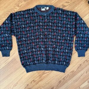 Renzo Y2K Men's Blue and Red Geometric Patterned Wool Sweater XL Made in Italy‎
